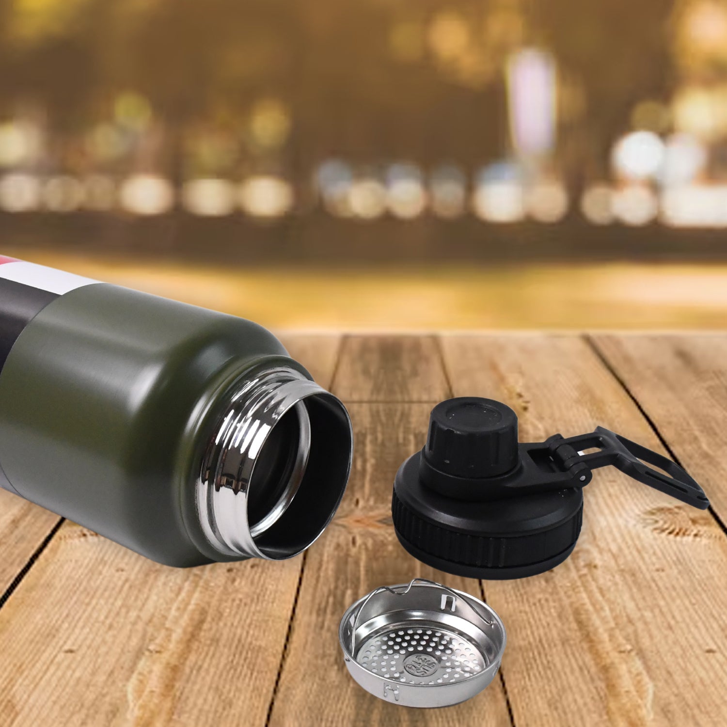 Superior eMart double wall insulated bottle 1000ml with detachable lid and strainer on wooden surface