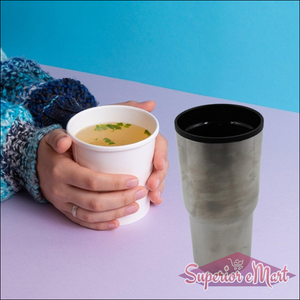 Double walled travel coffee mug in stainless steel design with a sleek black lid