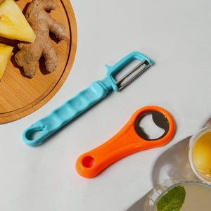Vegetable and fruit peeler set with ergonomic handles in blue and orange for easy peeling