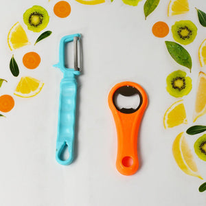 Vegetable and fruit peeler set including ergonomic peeler and versatile bottle opener tool