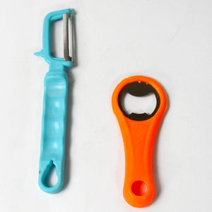 Vegetable and fruit peeler set including a blue peeler and an orange bottle opener for kitchen use