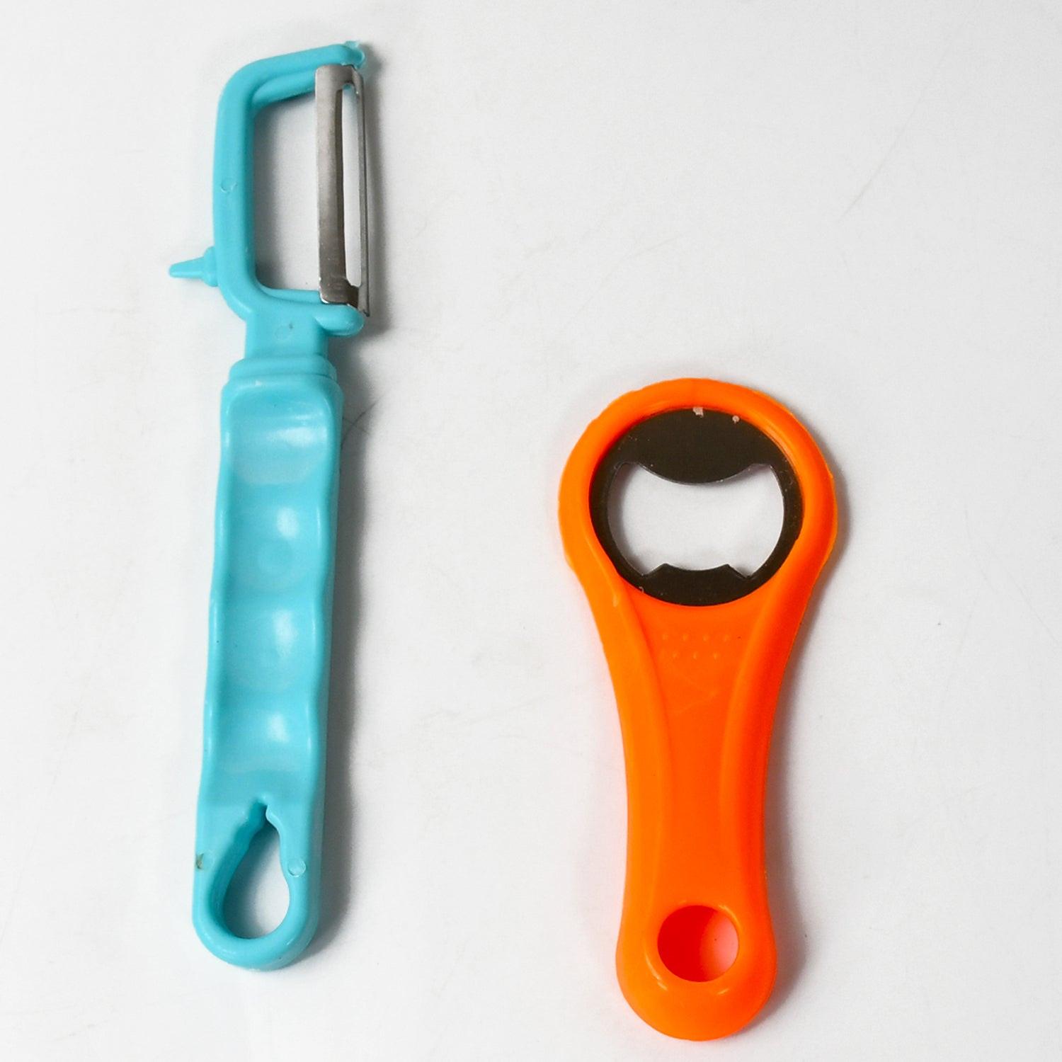 Vegetable and fruit peeler set including a blue peeler and an orange bottle opener for kitchen use