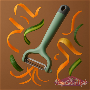 Superior eMart vegetable fruit peeler with ergonomic handle surrounded by colorful vegetable peels