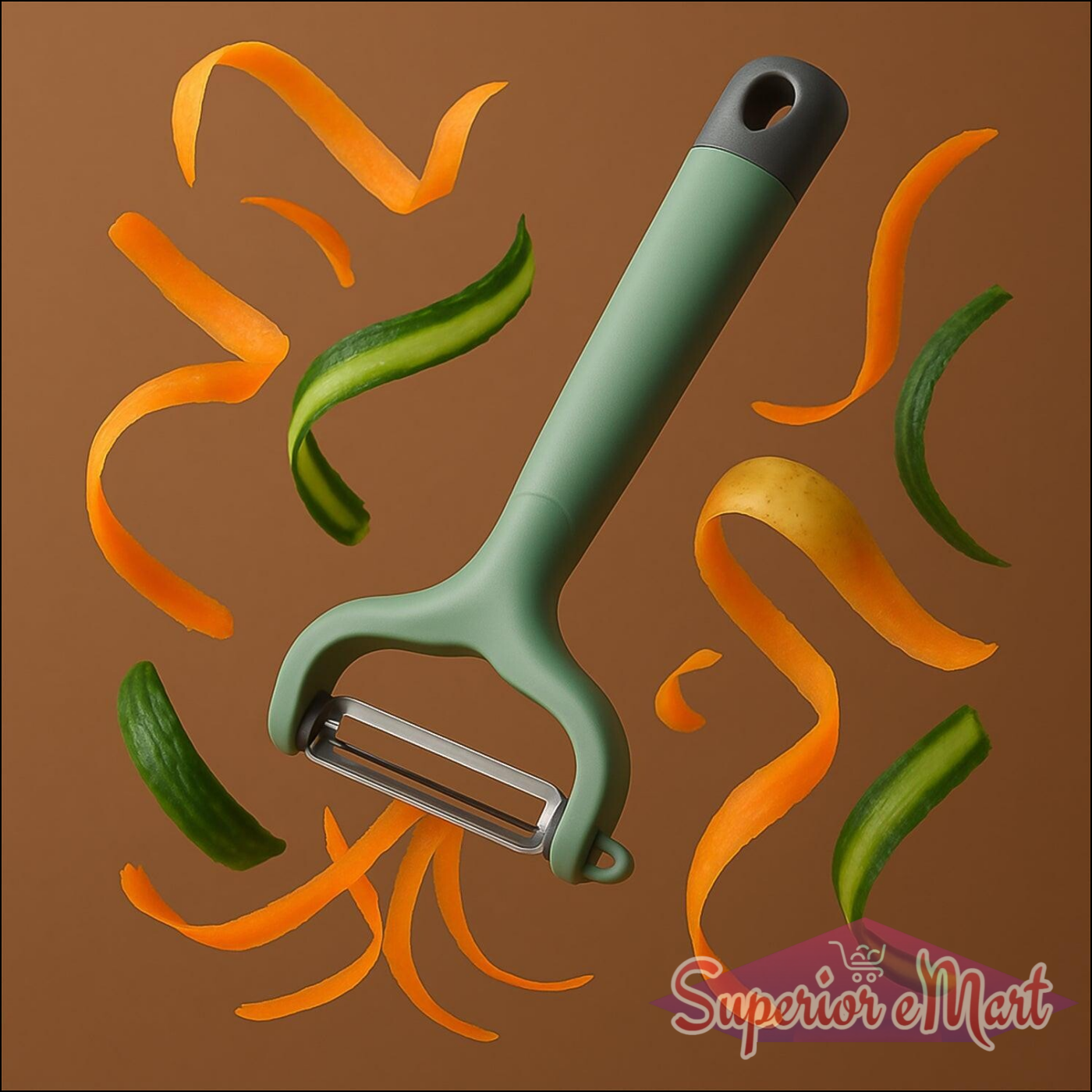 Superior eMart vegetable fruit peeler with ergonomic handle surrounded by colorful vegetable peels