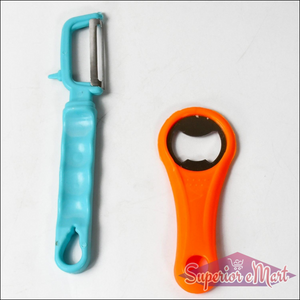 Vegetable and fruit peeler set including a blue peeler and an orange bottle opener for kitchen use