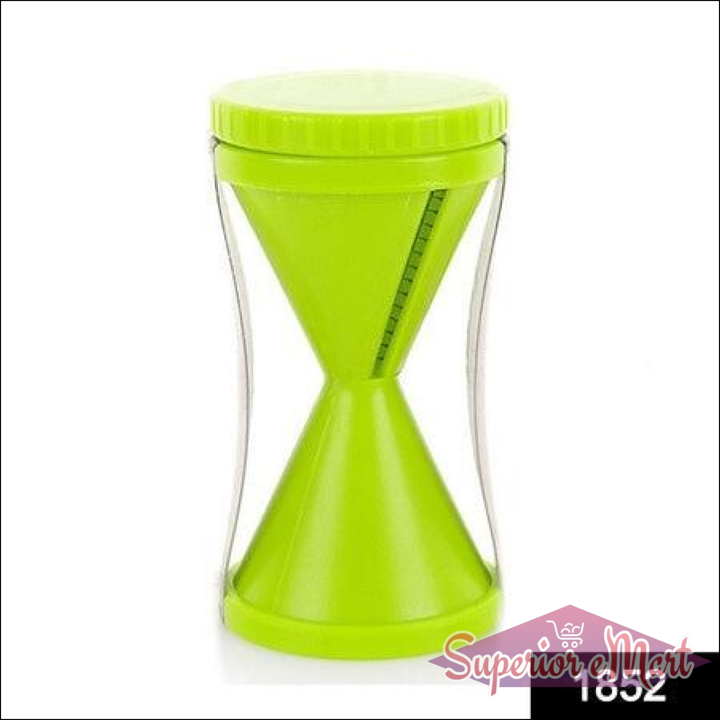 Green vegetable spiralizer slicer with a unique hourglass shape for easy vegetable cutting