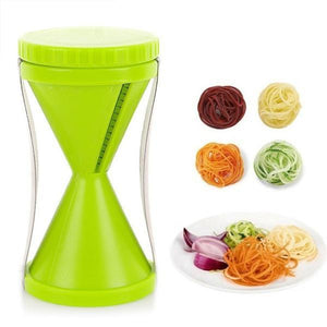 Superior eMart vegetable spiralizer slicer in vibrant green with assorted spiralized vegetables