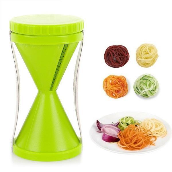 Superior eMart vegetable spiralizer slicer in vibrant green with assorted spiralized vegetables