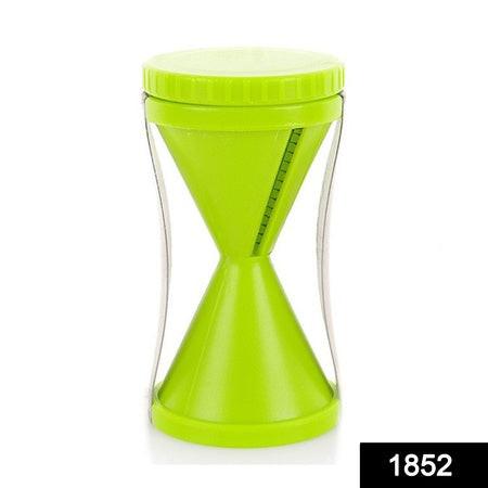 Green vegetable spiralizer slicer with a unique hourglass shape for easy vegetable cutting