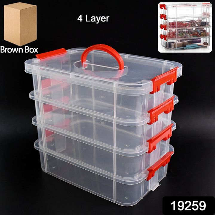4 layer plastic storage box with clear compartments and red handles for home organization