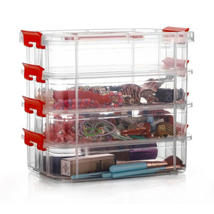 Superior eMart 4 layer plastic storage box with clear compartments and red locking clips