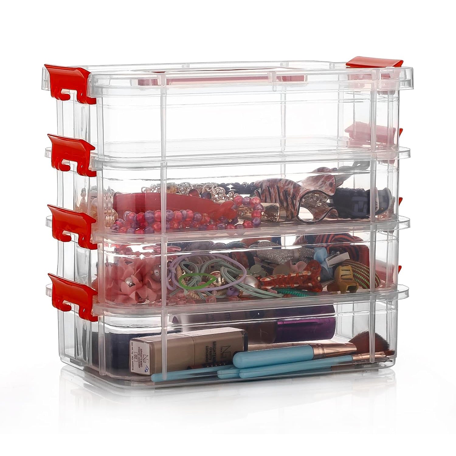 Superior eMart 4 layer plastic storage box with clear compartments and red locking clips
