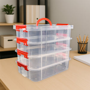 Superior eMart 4 layer plastic storage box with red clasps and handle on a wooden desk