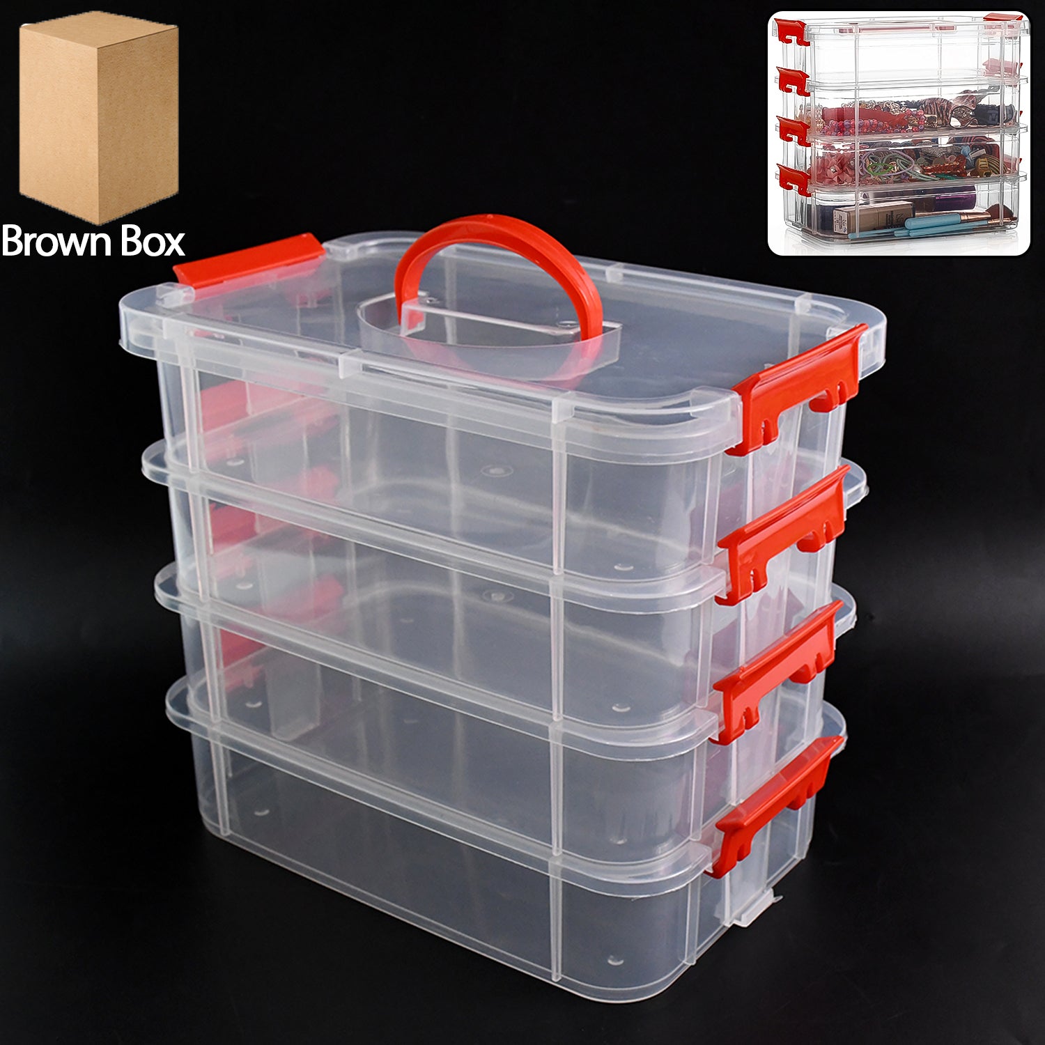 Superior eMart 4 layer plastic storage box with transparent compartments and red handles for home organization