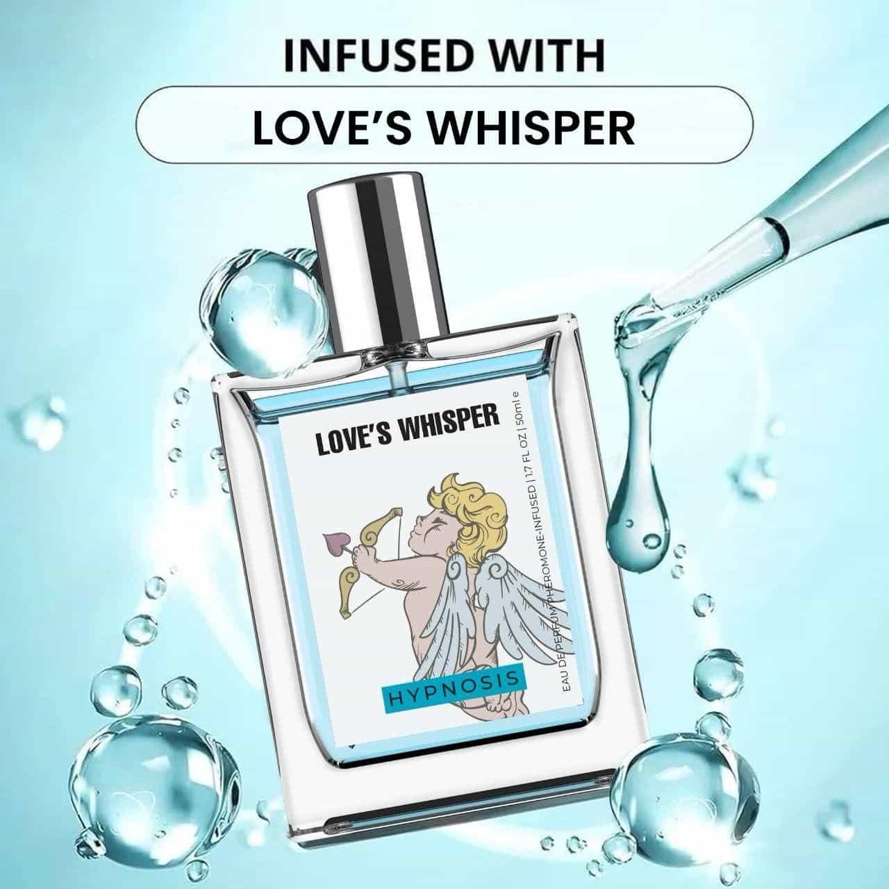 Love's Whisper Perfume 50ML bottle with cupid design and glass dropper on blue background