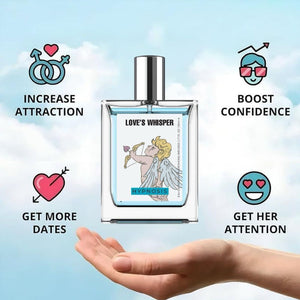 Love's Whisper Perfume 50ML by Superior eMart held above hand with icons showing increase attraction boost confidence more dates and get her attention