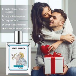 Love's Whisper Perfume 50ML bottle with angel design and couple hugging holding gift box