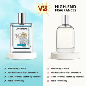 Love's Whisper Perfume 50ML bottle by Superior eMart with angel design and silver cap next to plain high-end fragrance bottle