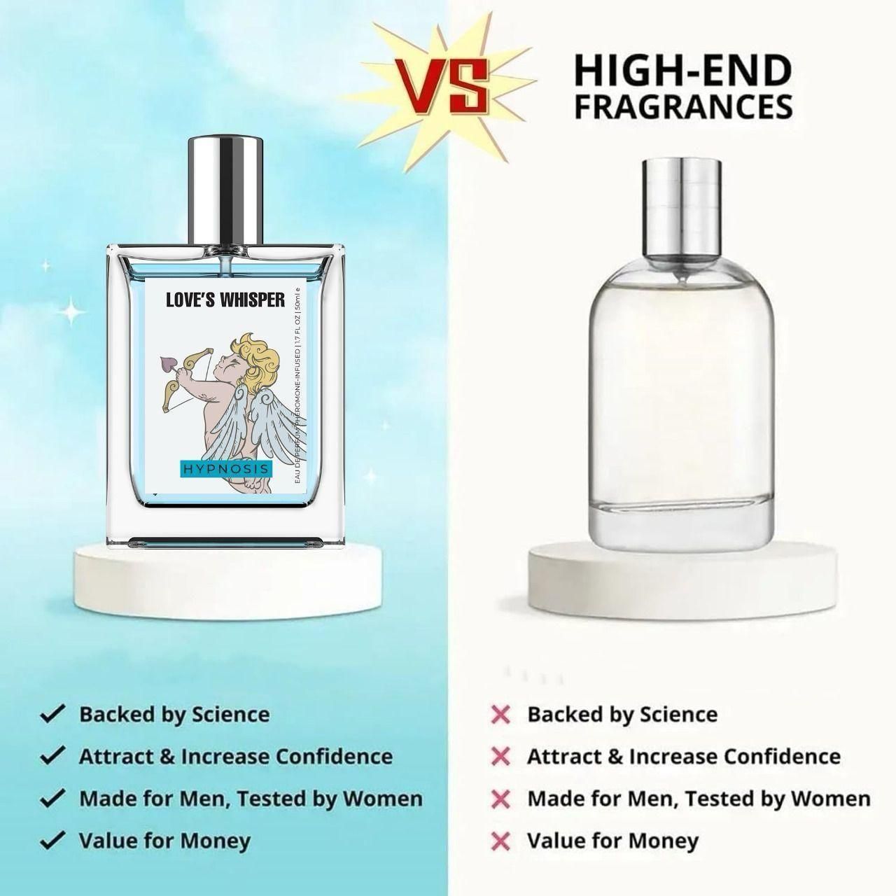 Love's Whisper Perfume 50ML bottle by Superior eMart with angel design and silver cap next to plain high-end fragrance bottle