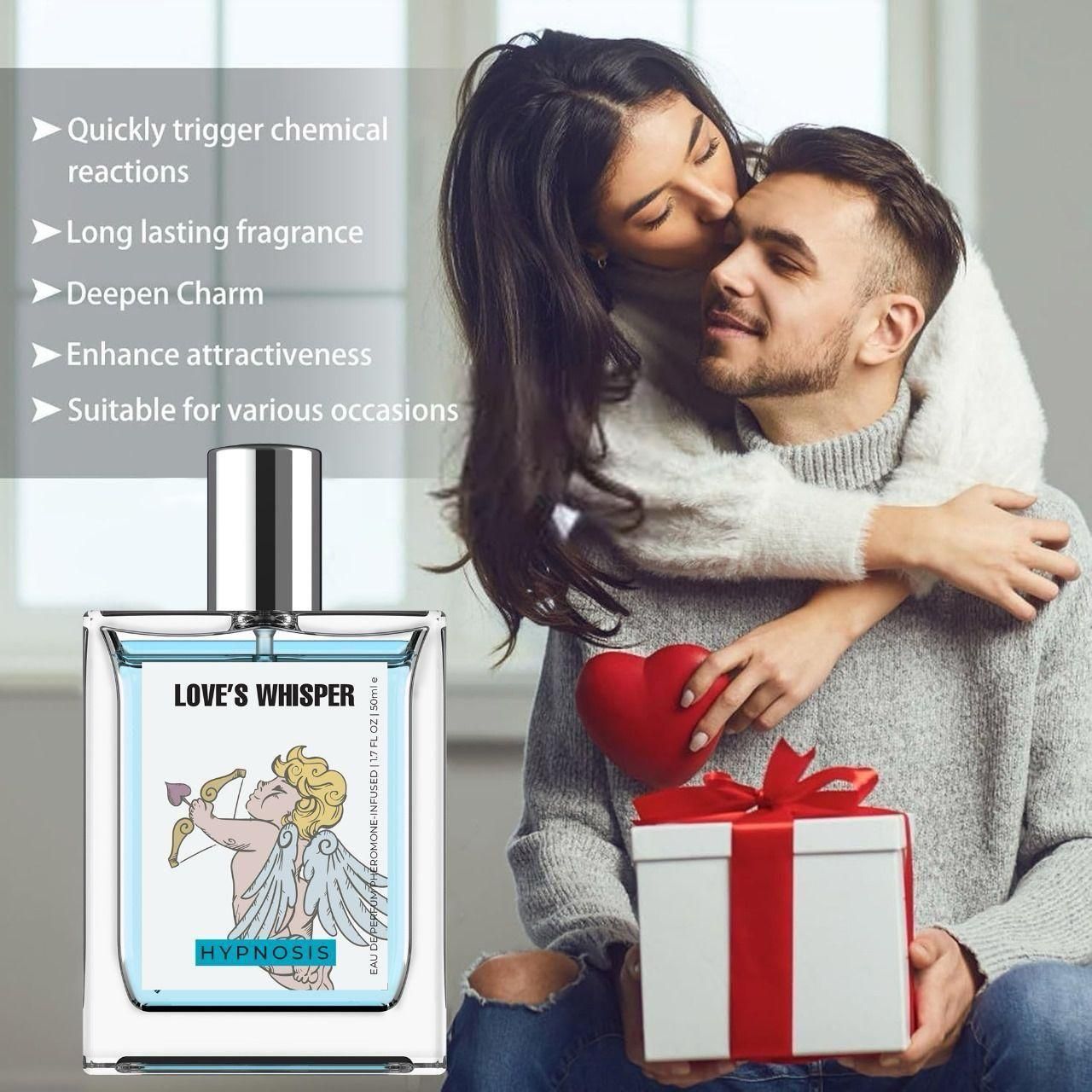 Love's Whisper Perfume bottle by Superior eMart with long lasting fragrance and romantic couple hugging with gift