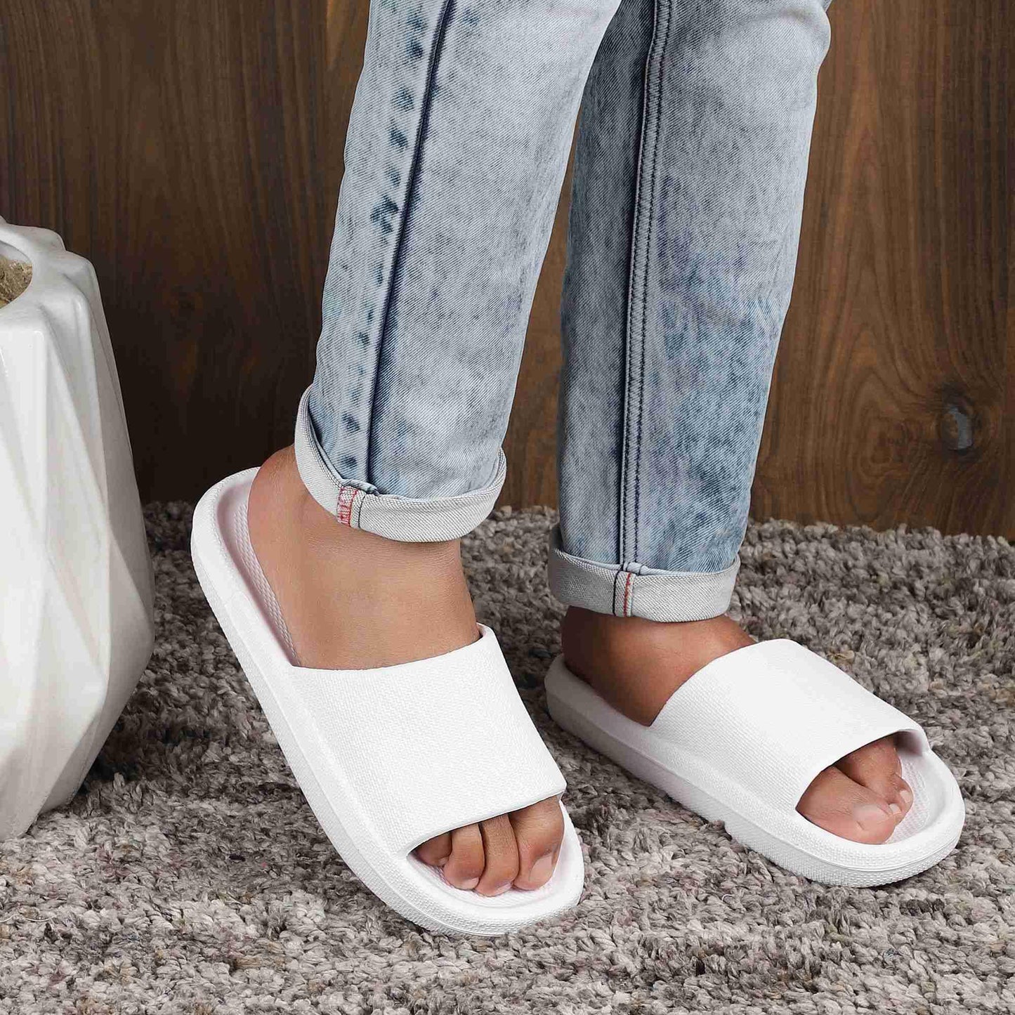Comfortable Stylist White Mens Slide with open-toe design for casual wear