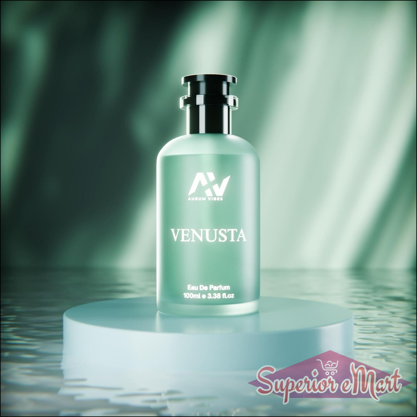 Venusta male perfume 100ml bottle with a sleek design, set on a reflective surface