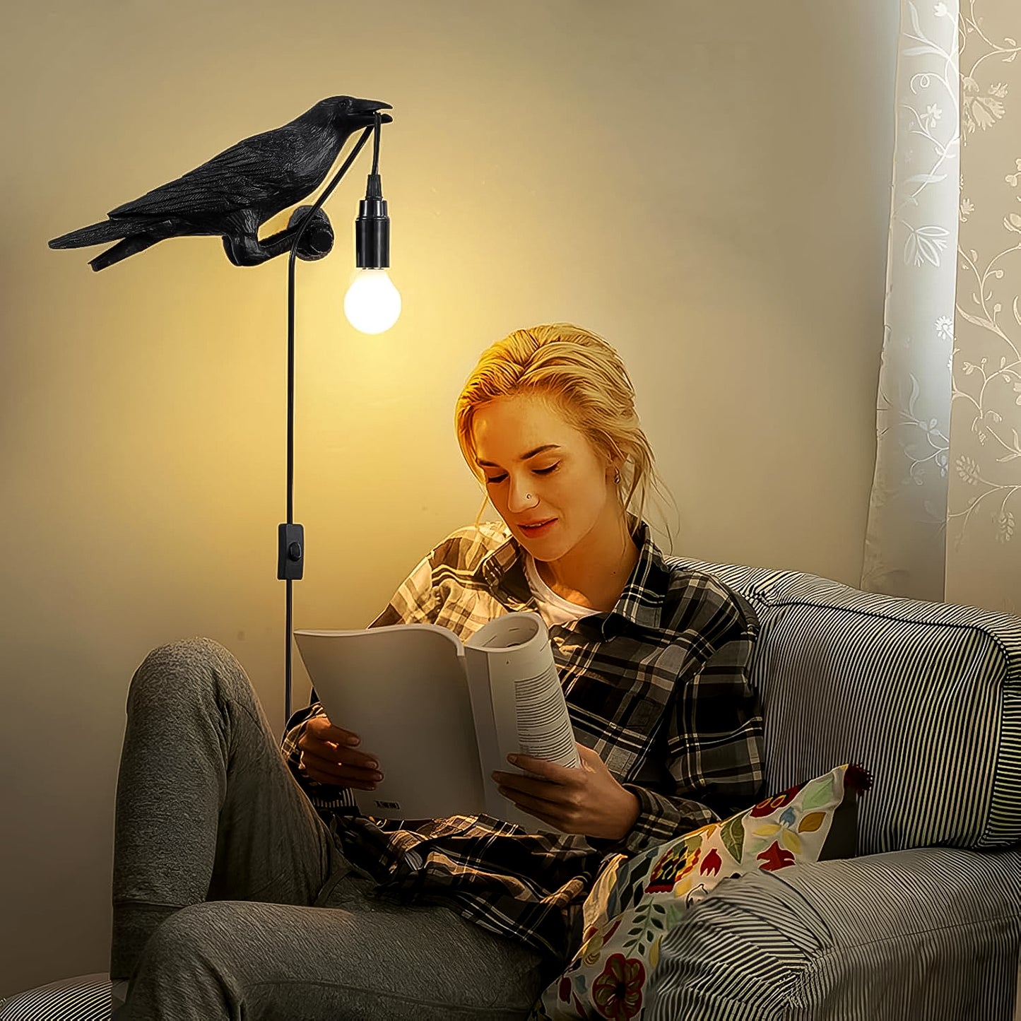 Vintage crow table lamp featuring a unique design with a crow statue and a stylish light bulb