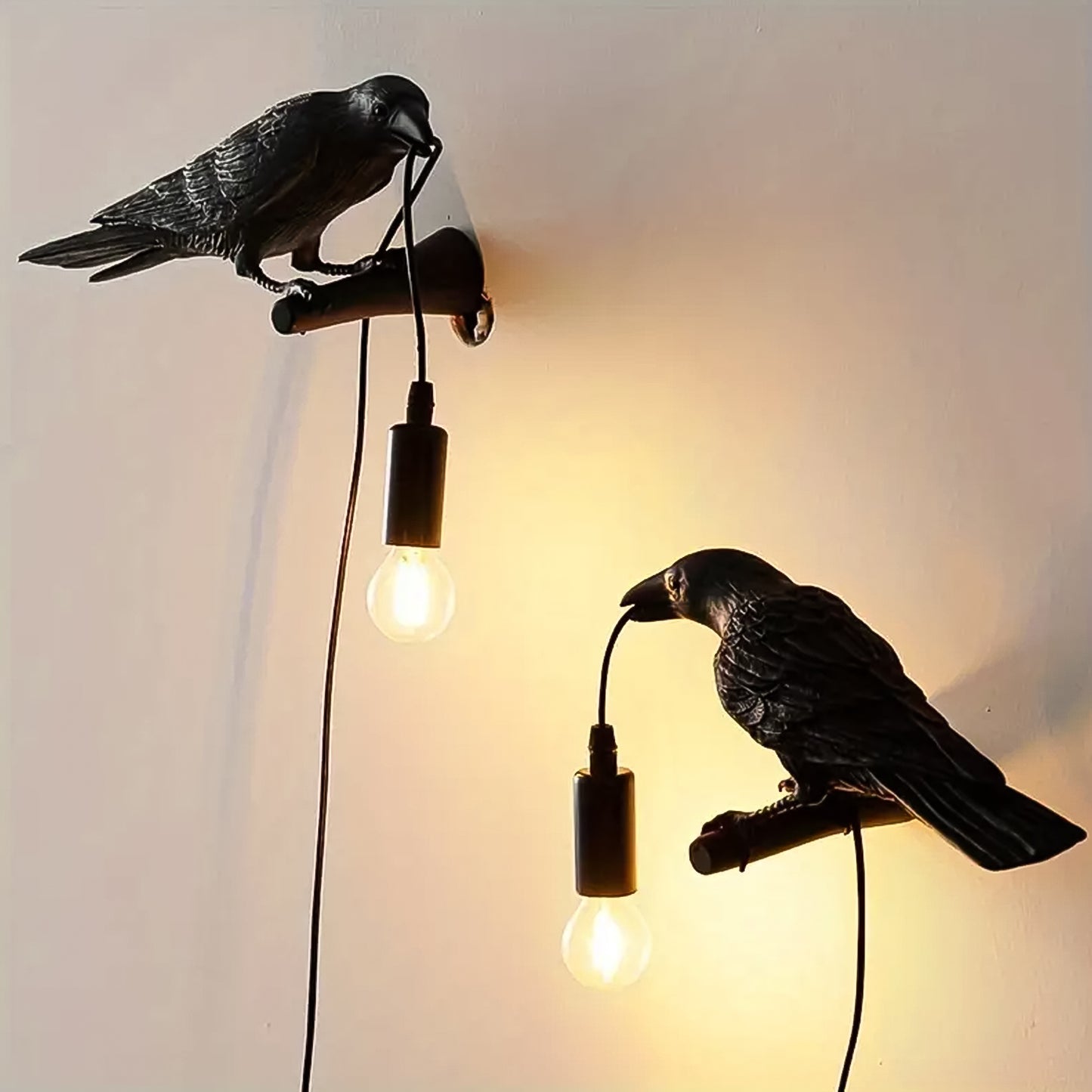 Vintage crow table lamp featuring intricate crow designs and warm light bulbs for unique home decor