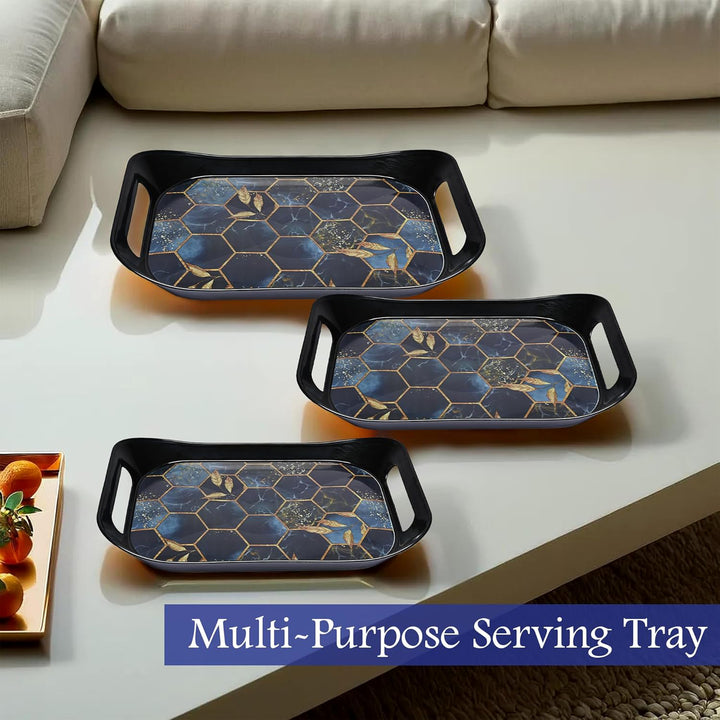 Superior eMart 3 piece serving tray set with black handles and hexagonal patterned surface for home and kitchen use