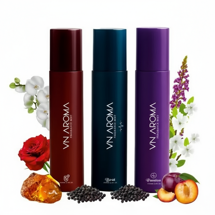 Beat Love Passion body spray set featuring three elegant fragrances with floral notes and vibrant packaging