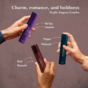 Beat Love Passion body spray set in three vibrant bottles promoting charm, romance, and boldness