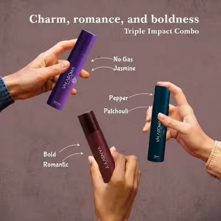 Beat Love Passion body spray set in three vibrant bottles promoting charm, romance, and boldness