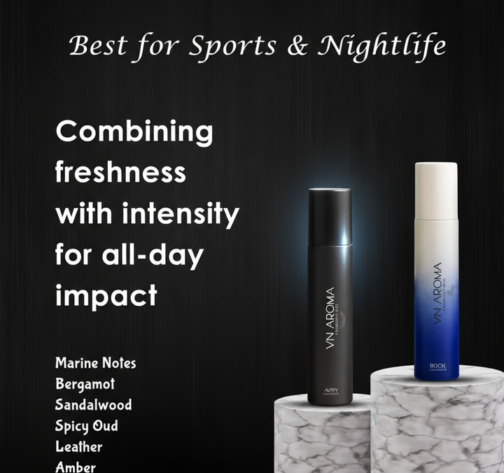 Long lasting deodorant combo pack featuring two fragrances with marine notes and spicy oud for all-day freshness