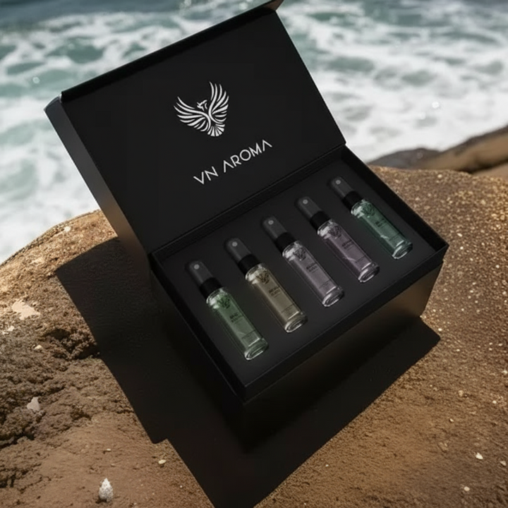 Luxury unisex perfume gift set featuring four elegant fragrance vials in a stylish black box