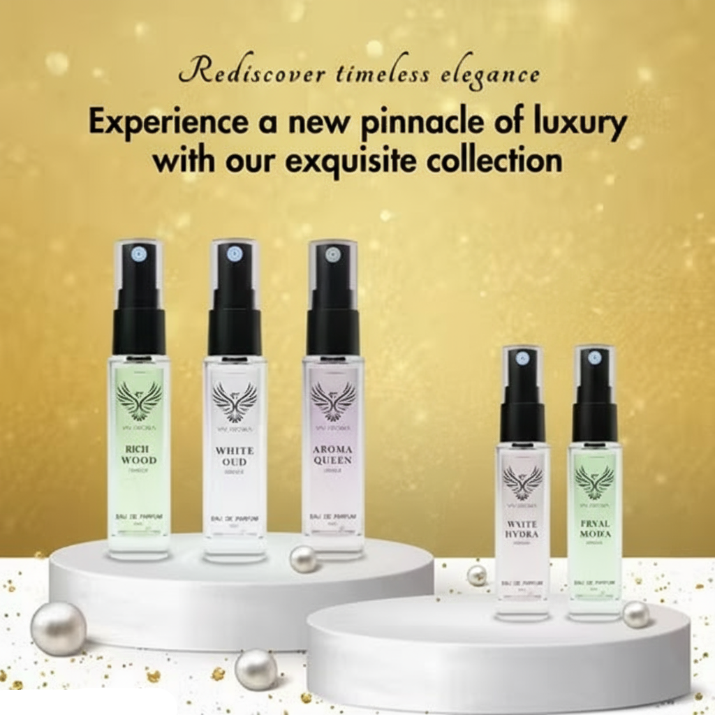 Luxury unisex perfume gift set featuring Rich Wood, White Oud, Aroma Queen, White Hydra, and Petal Mocha