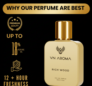 VN Aroma Rich Wood unisex perfume in gold bottle with premium quality features for long-lasting fragrance