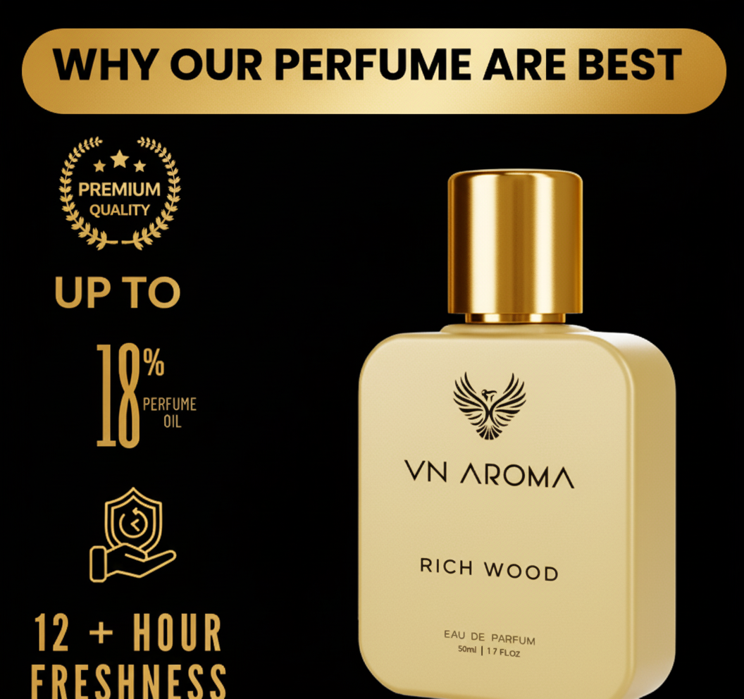 VN Aroma Rich Wood unisex perfume in gold bottle with premium quality features for long-lasting fragrance