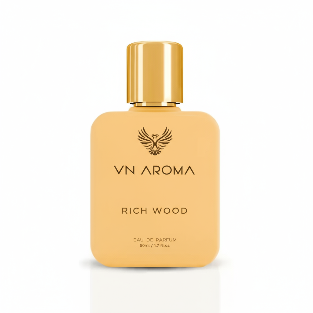 VN Aroma Rich Wood Unisex Perfume in a stylish gold bottle for a luxurious scent experience