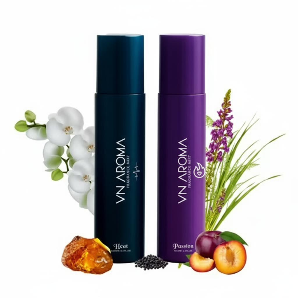 VN Aroma unisex long-lasting body spray set in Heat and Passion with floral and fruity notes
