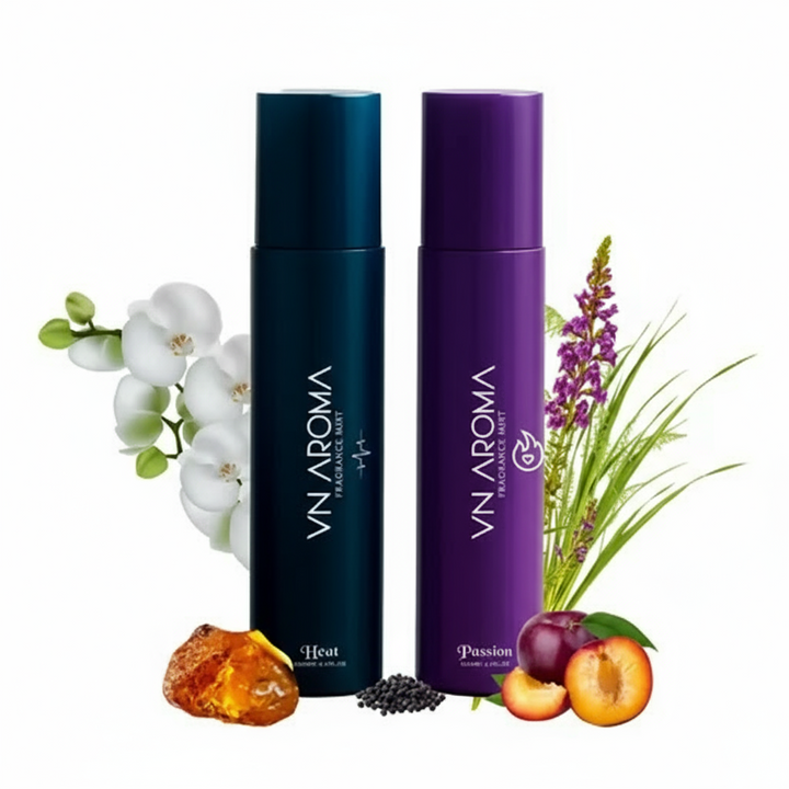 VN Aroma unisex long-lasting body spray set in Heat and Passion with floral and fruity notes