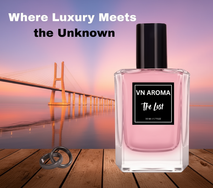 VN Aroma The Lost Unisex Luxury Perfume Long Lasting in an elegant bottle by a scenic bridge at sunset