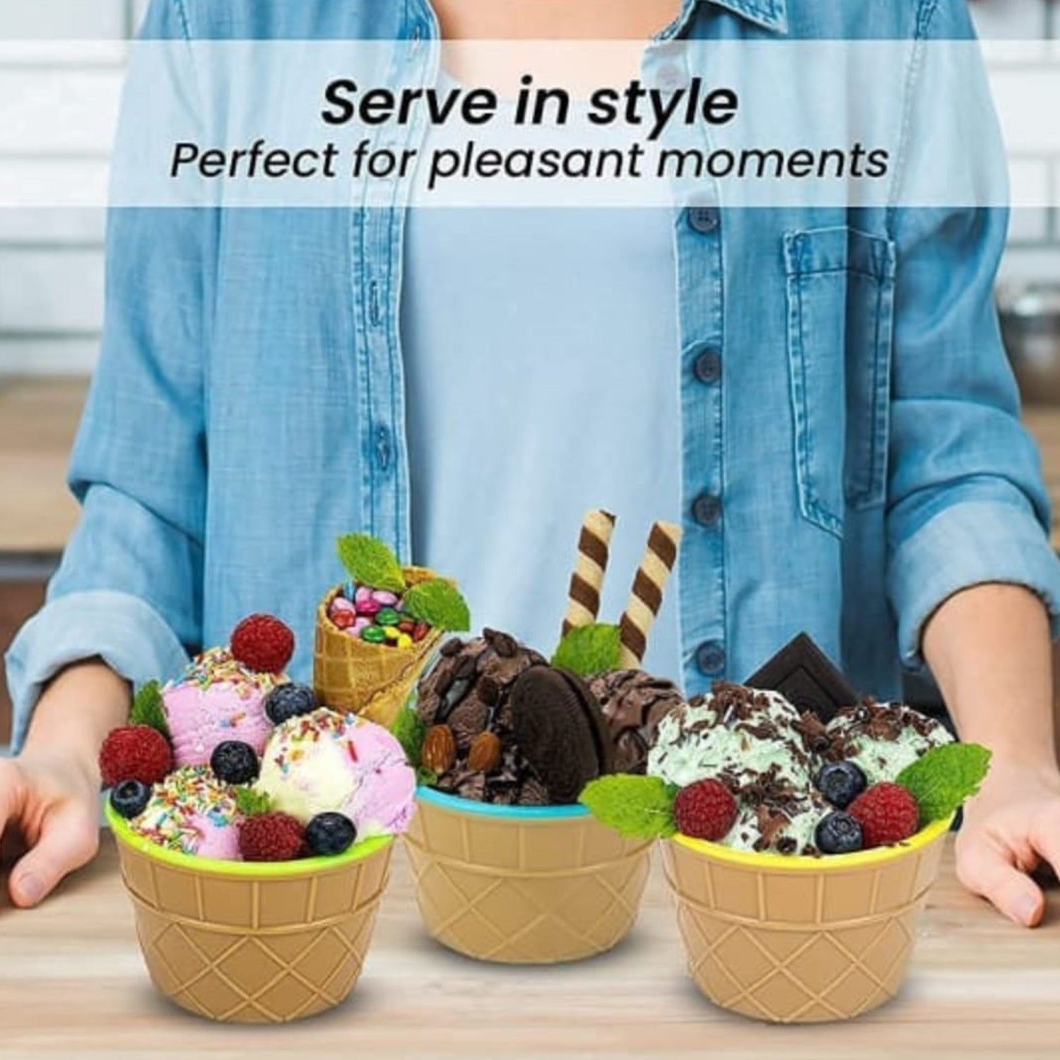 Ice-Cream / Waffle Spoon Bowel Cup Set  With Spoon 6 Pc Random Color