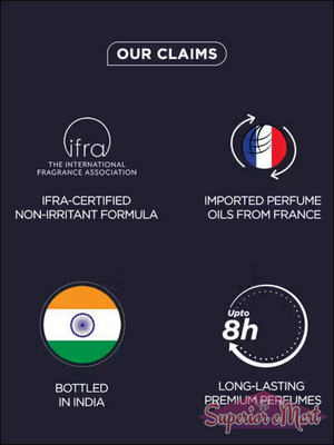 Infographic of perfume claims: IFRA-certified formula, French oils, bottled in India, and 8-hour long-lasting scent.