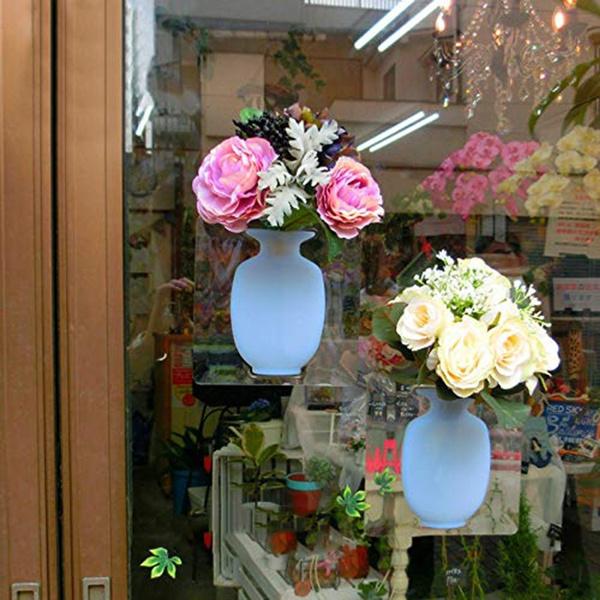Wall mounted flower pot sticker with realistic flowers in decorative vases for home decor