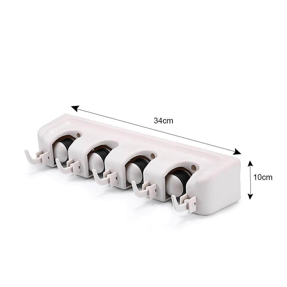 Superior eMart wall mounted mop organizer in white with four hooks for efficient cleaning tool storage