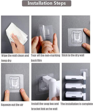 Step-by-step installation guide for wall mounted soap dish holder showing cleaning wall, peeling film, sticking bracket, and mounting soap dish