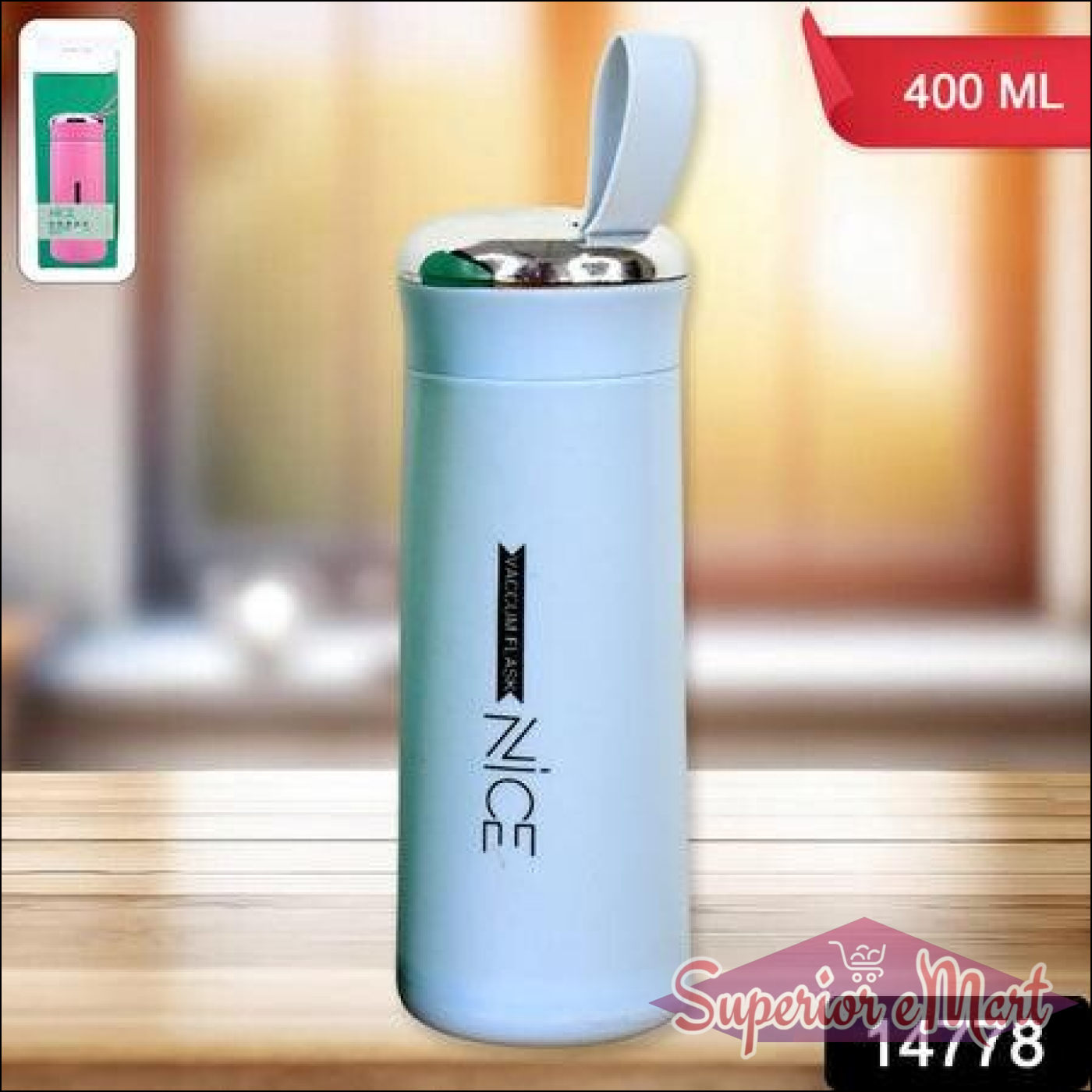Leak proof glass water bottle 400ml in light blue with a stainless steel lid for easy use