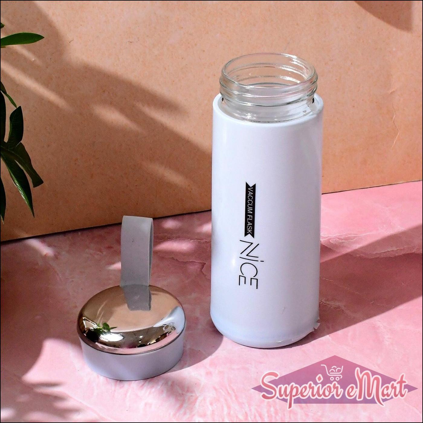 Leak proof glass water bottle 400ml in white with silver cap, perfect for daily hydration.