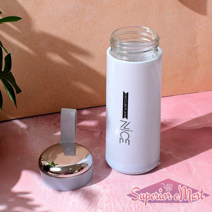 Leak proof glass water bottle 400ml in white with silver cap, perfect for daily hydration.