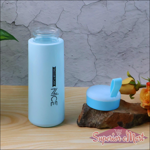 Leak proof glass water bottle in light blue with a secure lid for on-the-go hydration